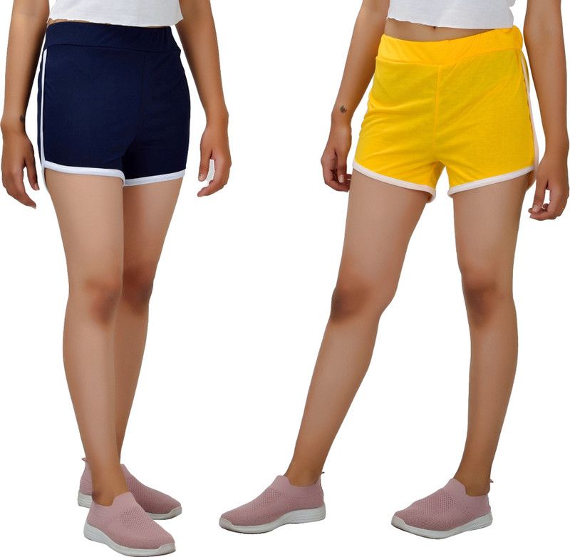 Pack of 2 Solid Women Dark Blue, Yellow Basic Shorts