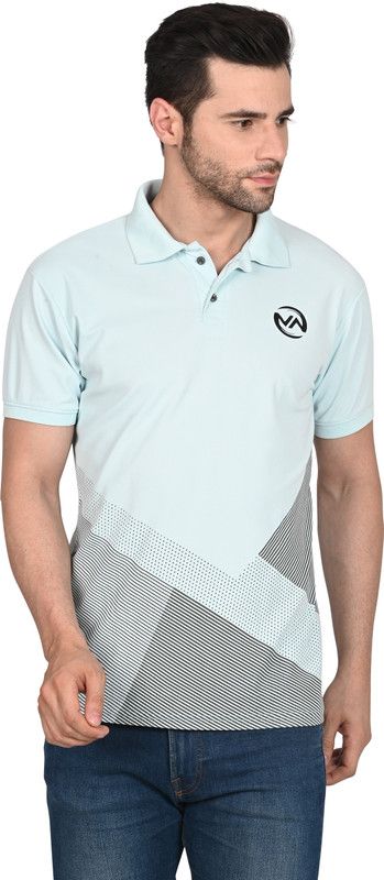 Men Striped Polo Neck Poly Cotton Light Blue T-Shirt