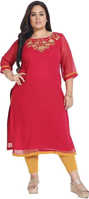 Women Embroidered Georgette Straight Kurta  (Red)