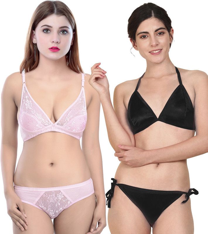 Bra & Panty Set Floral Print Pink, Black Lingerie Set