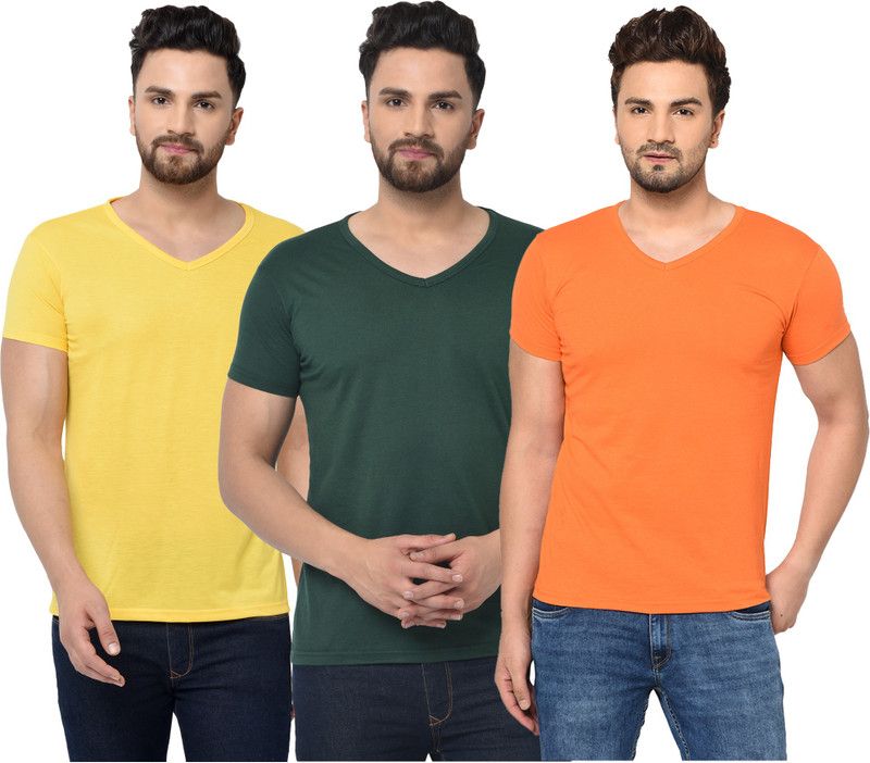 Pack of 3 V neck Combo T-shirts Multicolor Men Solid V Neck Cotton Blend Dark Green, Orange, Yellow T-Shirt