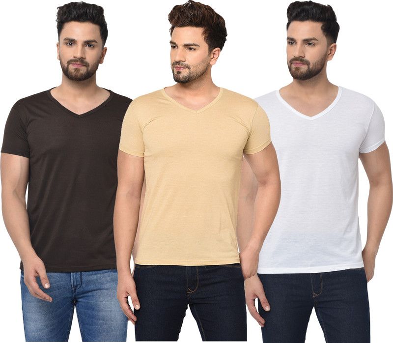 Pack of 3 Men Solid V Neck Cotton Blend White, Brown, Beige T-Shirt