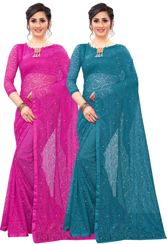 Self Design Bollywood Net Saree  (Pack of 2, Green, Pink)