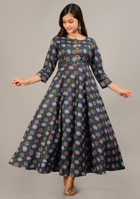 Printed Cotton Blend Stitched Flared/A-line Gown  (Blue)