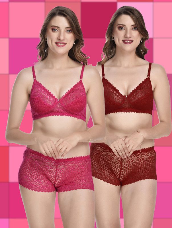 Bra & Panty Set Self Design Pink, Maroon Lingerie Set