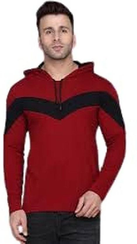 Men Printed Hooded Neck Cotton Blend Maroon T-Shirt