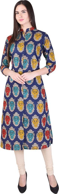 Women Block Print Cotton Blend A-line Kurta  (Blue)