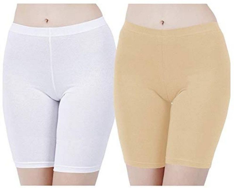 Pack of 2 Solid Women White, Beige Cycling Shorts