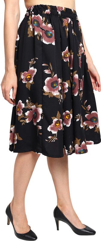 Women Floral Print Flared Black Skirt