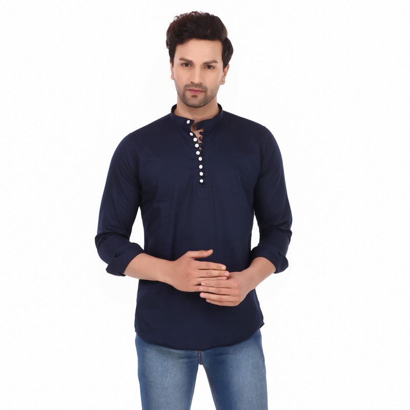 Men Washed Cotton Blend Straight Kurta  (Dark Blue)