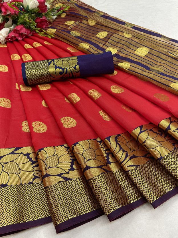Embroidered Kanjivaram Jacquard Saree  (Red)