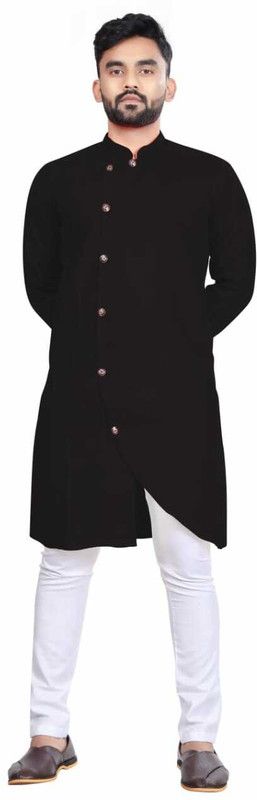 Men Solid, Self Design Cotton Blend Trail Cut Kurta  (Black)