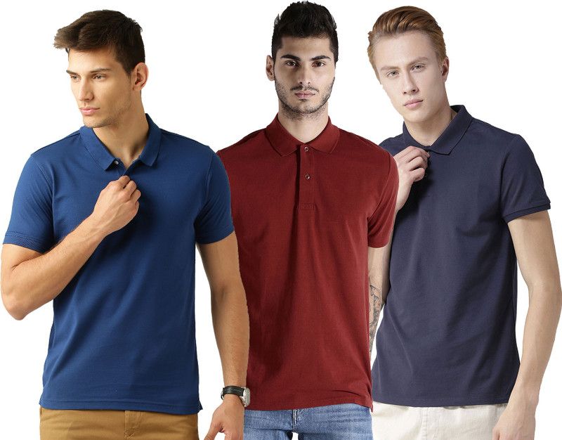 Pack of 3 Men Solid Polo Neck Cotton Blend Blue, Maroon T-Shirt