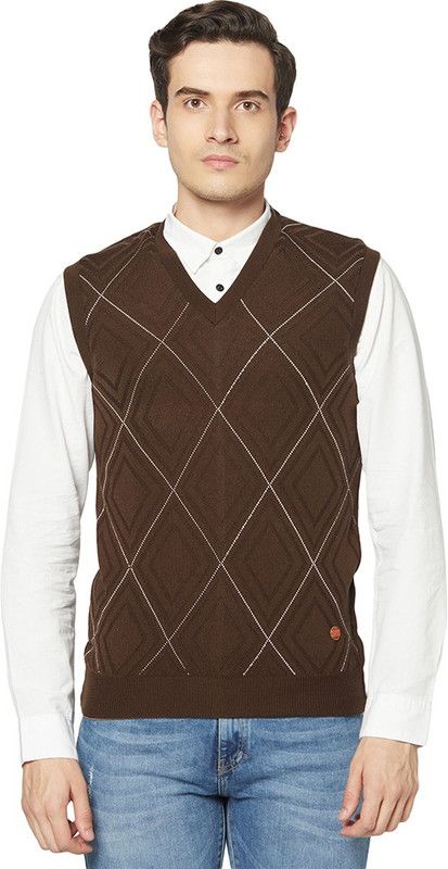 Men Checkered V Neck Reversible Brown Sweater