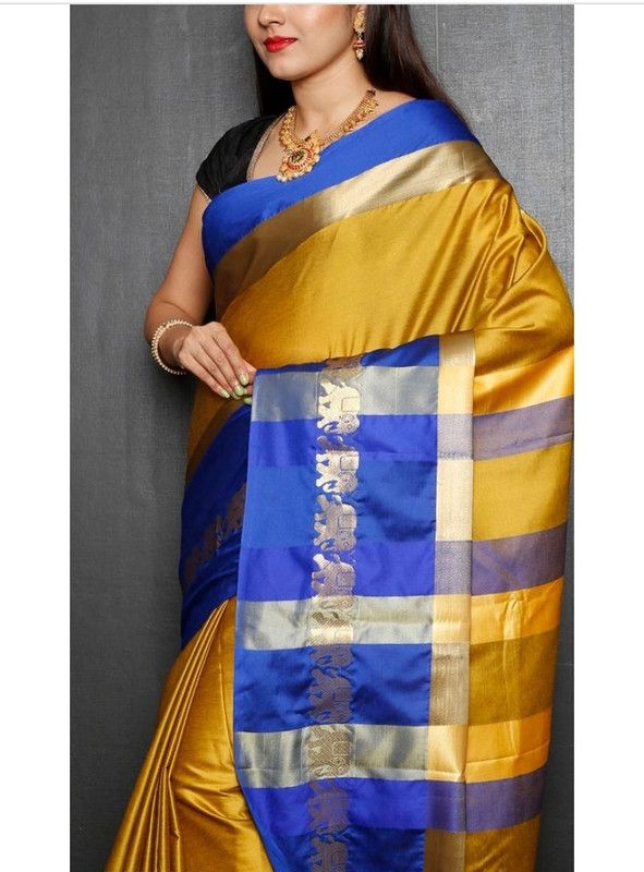 Solid/Plain Banarasi Cotton Silk Saree  (Blue, Yellow)