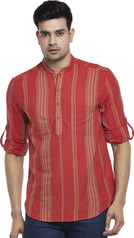 Men Striped Pure Cotton Straight Kurta  (Red, Beige, Yellow)