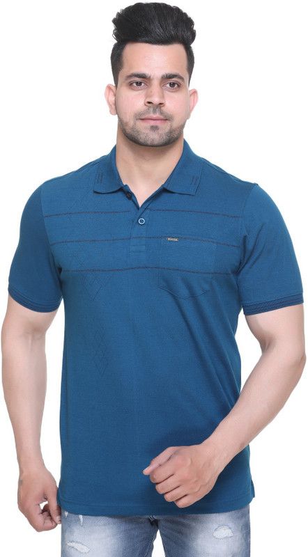 Men Striped, Solid Polo Neck Cotton Blend Blue T-Shirt