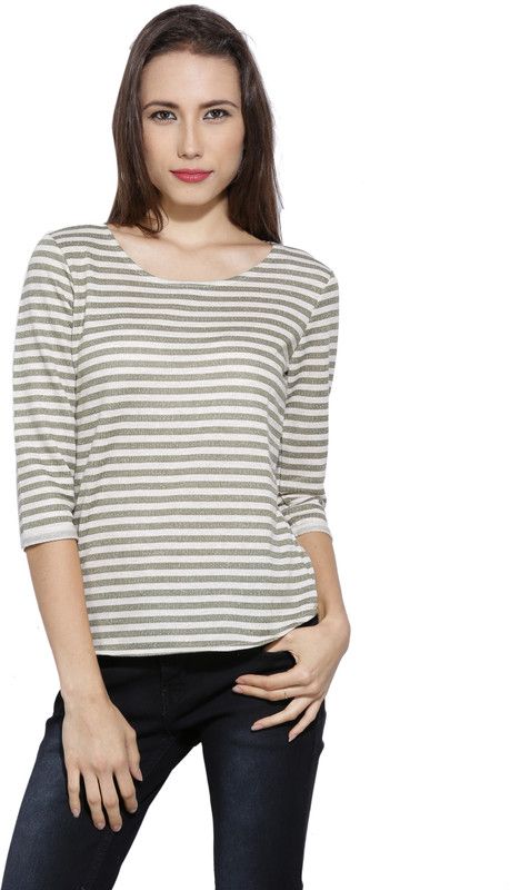 Casual Striped Women Beige Top