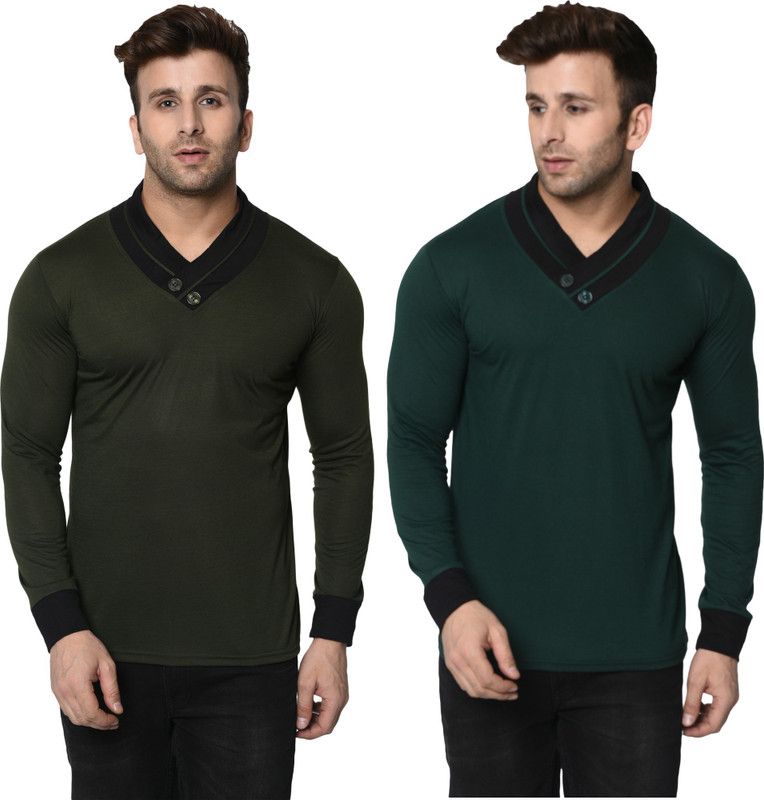 Pack of 2 Men Colorblock V Neck Cotton Blend Dark Green, Green T-Shirt