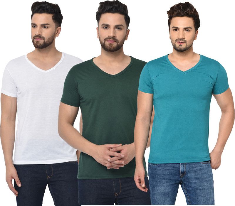 Pack of 3 V neck Combo T-shirts Multicolor Men Solid V Neck Cotton Blend Dark Green, White, Blue T-Shirt