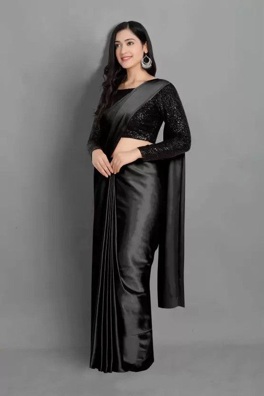 Solid/Plain Daily Wear Georgette, Silk Blend Saree  (Black)