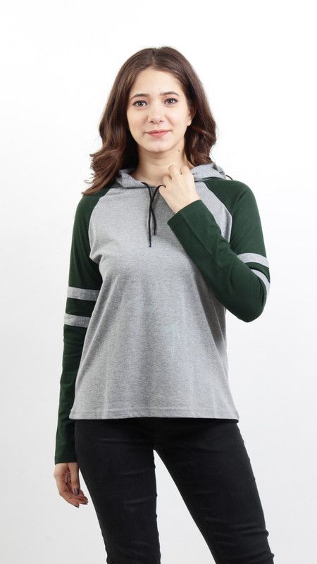 Women Colorblock Hooded Neck Cotton Blend Dark Green T-Shirt