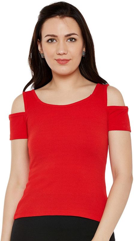 Casual Cutout Striped Women Red Top