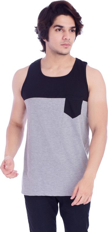 Men Colorblock Scoop Neck Cotton Blend Black, Grey T-Shirt
