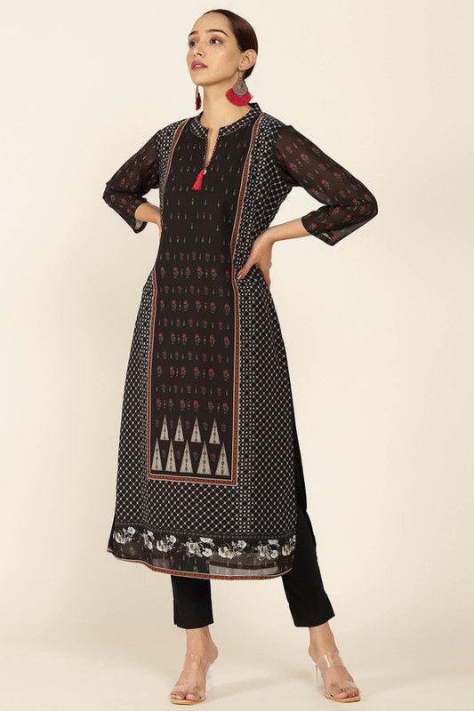 Women Floral Print Georgette Straight Kurta  (Black)