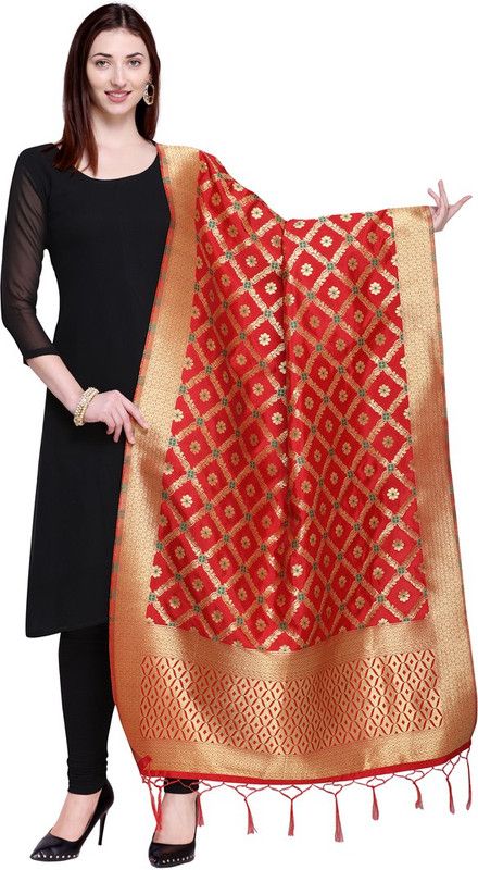 Art Silk Woven Red, Gold Women Dupatta
