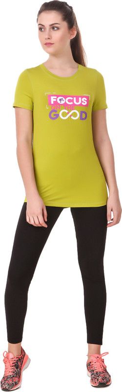 Women Graphic Print Round Neck Cotton Blend Light Green T-Shirt
