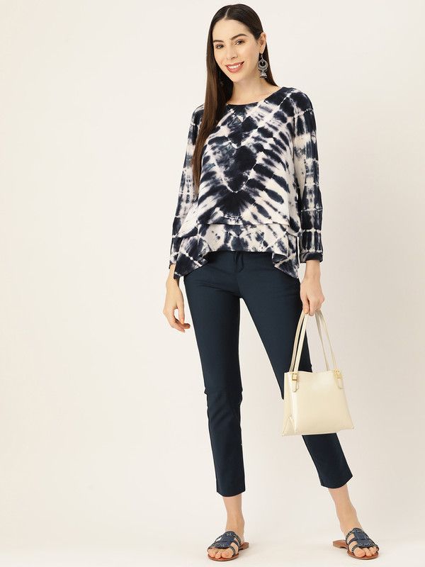 Casual Ruffled Sleeves Tie & Dye Women Blue Top
