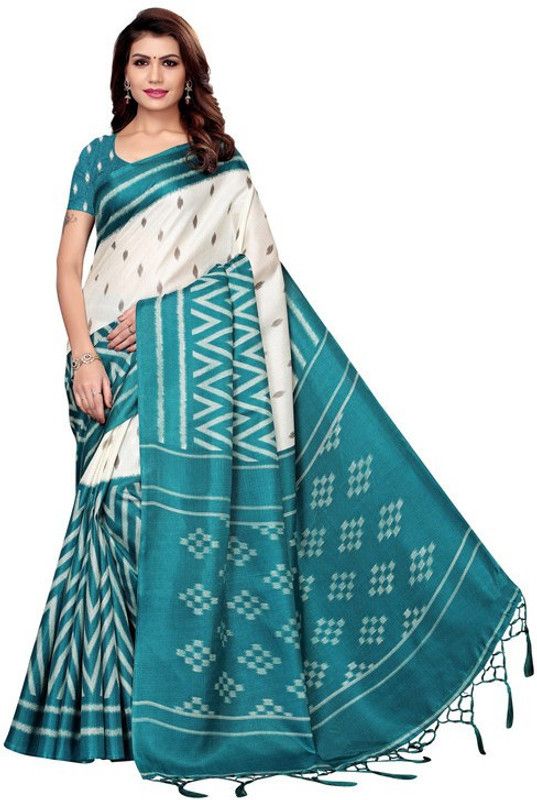Printed Kalamkari Cotton Silk Saree  (Light Blue)