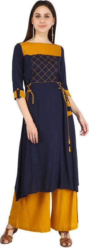 Women Colorblock Cotton Rayon Trail Cut Kurta  (Blue)