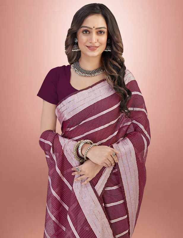 Self Design, Striped Banarasi Cotton Silk, Jacquard Saree  (Magenta)