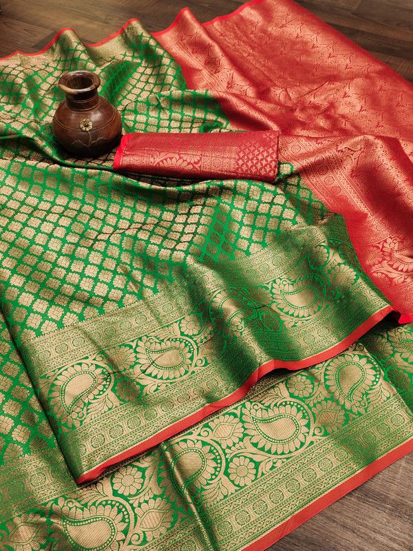 Woven, Self Design Kanjivaram Pure Silk, Cotton Silk Saree  (Green)