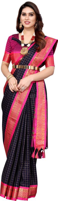 Checkered Ikkat Cotton Silk Saree  (Dark Blue, Pink)