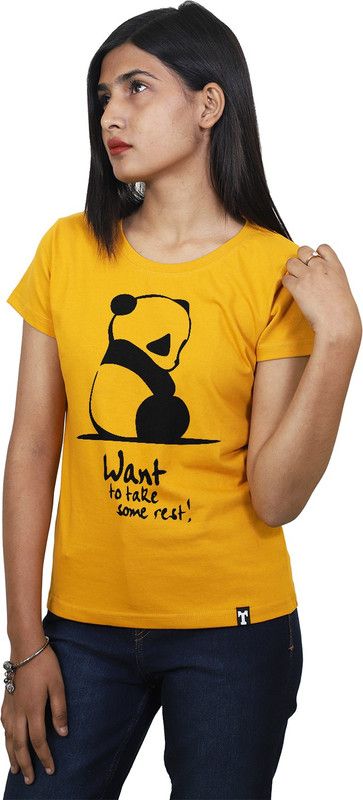 RestPanda-1L-Y Women Graphic Print Round Neck Reversible Cotton Blend Yellow T-Shirt