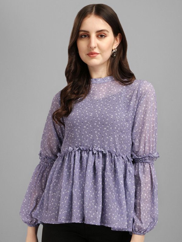 Party Balloon Sleeve Floral Print Women Purple Top