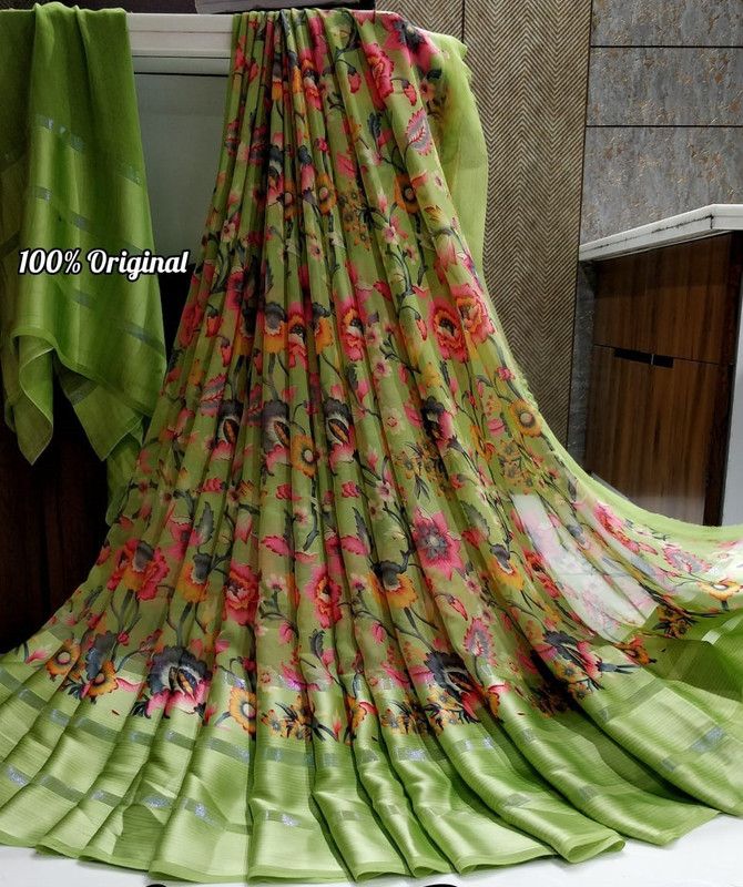 Floral Print Fashion Georgette, Satin Saree  (Green)