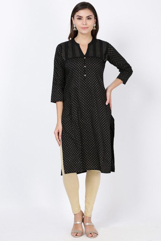 Women Printed Chanderi Straight Kurta  (Black)