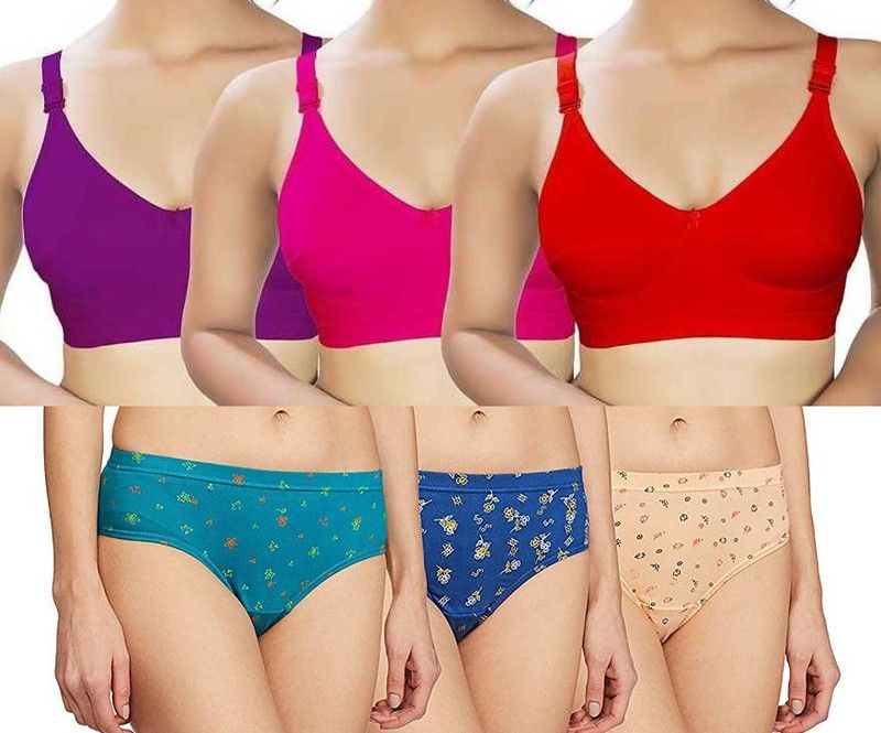 Full Support Cotton Rich Non Padded Full Coverage with Panty Bra & Panty Set Printed Multicolor Lingerie Set