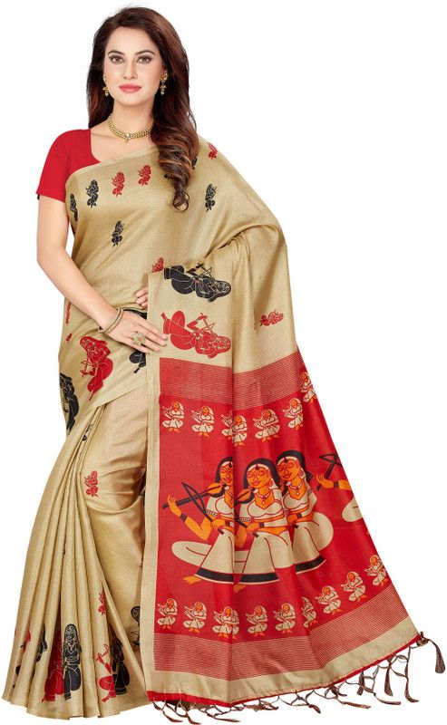 Printed Kalamkari Art Silk Saree  (Beige)