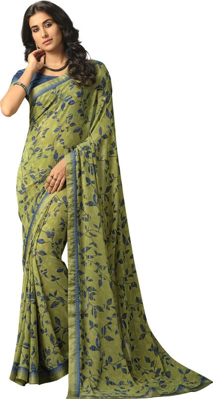 Floral Print Bollywood Georgette, Chiffon Saree  (Light Green)