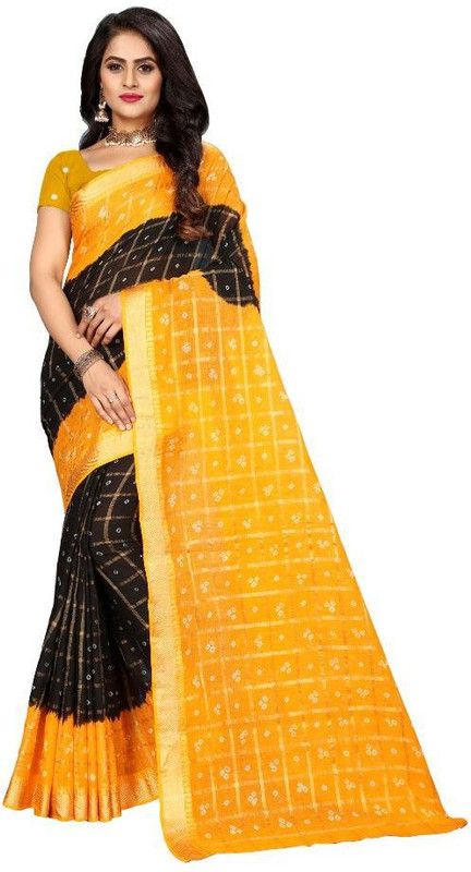 Printed Bandhani Chanderi Saree  (Black, Yellow)
