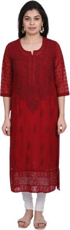 Women Chikan Embroidery Georgette Ethnic Dress  (Red)