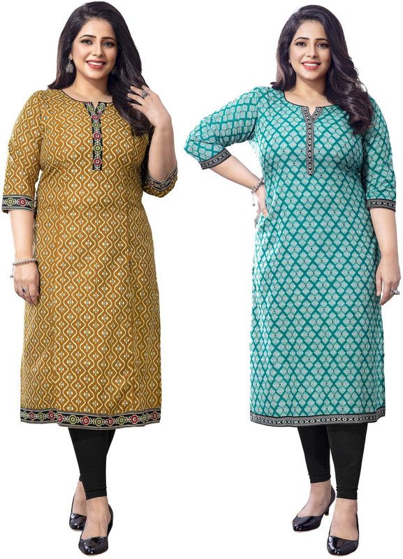 Pack of 2 Women Block Print, Ikat Pure Cotton Straight Kurta  (Green, Brown)