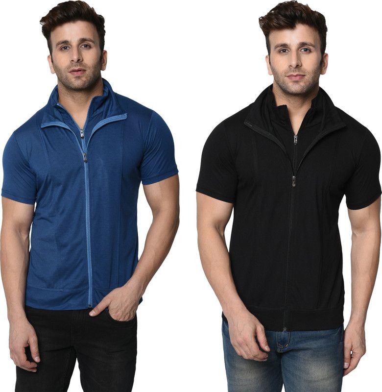 Pack of 2 Men Self Design Polo Neck Cotton Blend Blue, Black T-Shirt