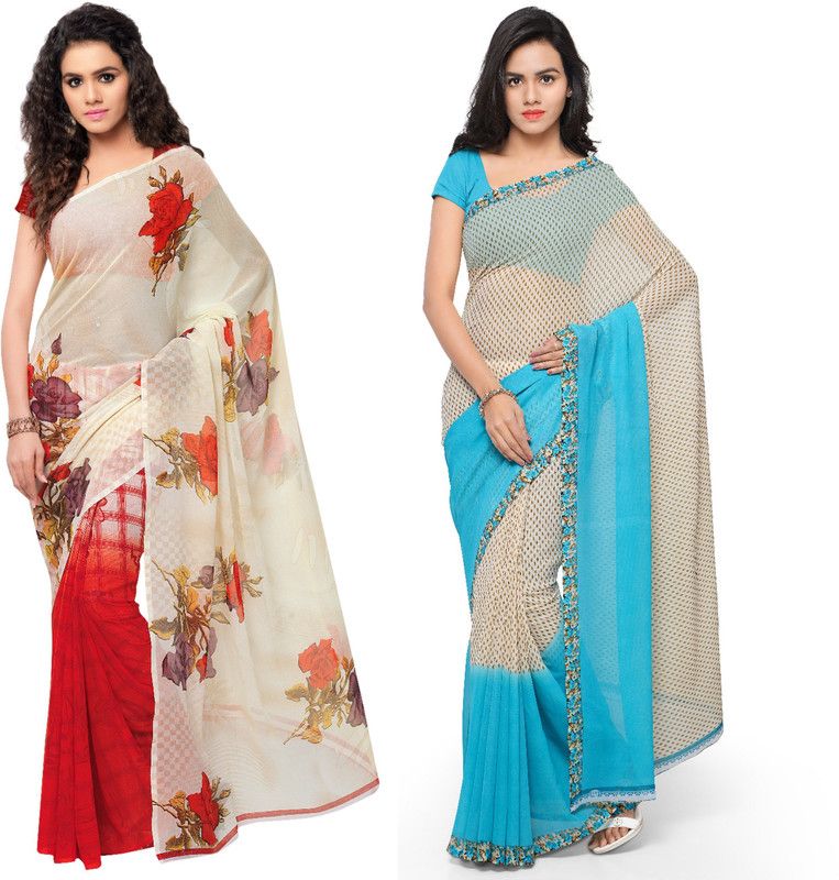 Bollywood Georgette Saree  (Pack of 2, Light Blue, White)