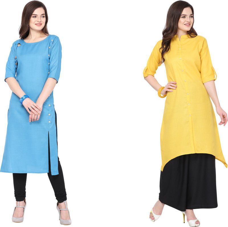 Pack of 2 Women Solid Cotton Blend Frontslit Kurta  (Light Blue, Yellow)